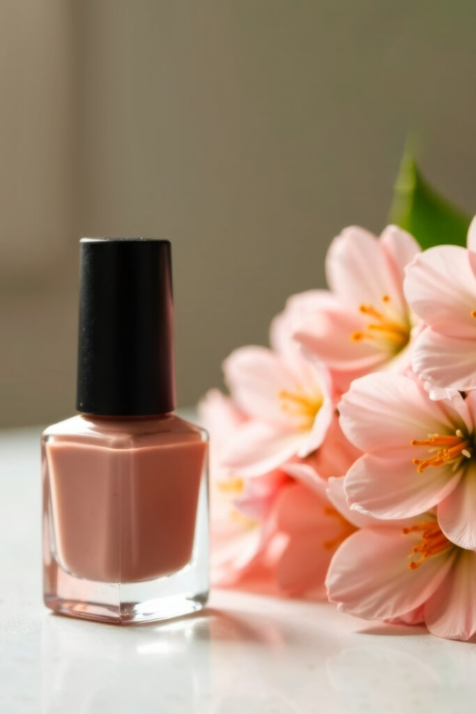 manicure nail polish in light brown color in a glass bottle next to a large bouquet of pink spring flowers, on a white table, trendy color mocha mousse, side view close-up